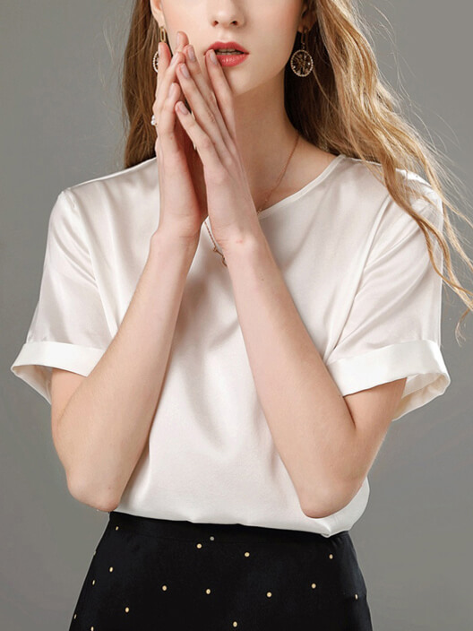 Roll Sleeve Round Neck Basic Silk Shirt for Women