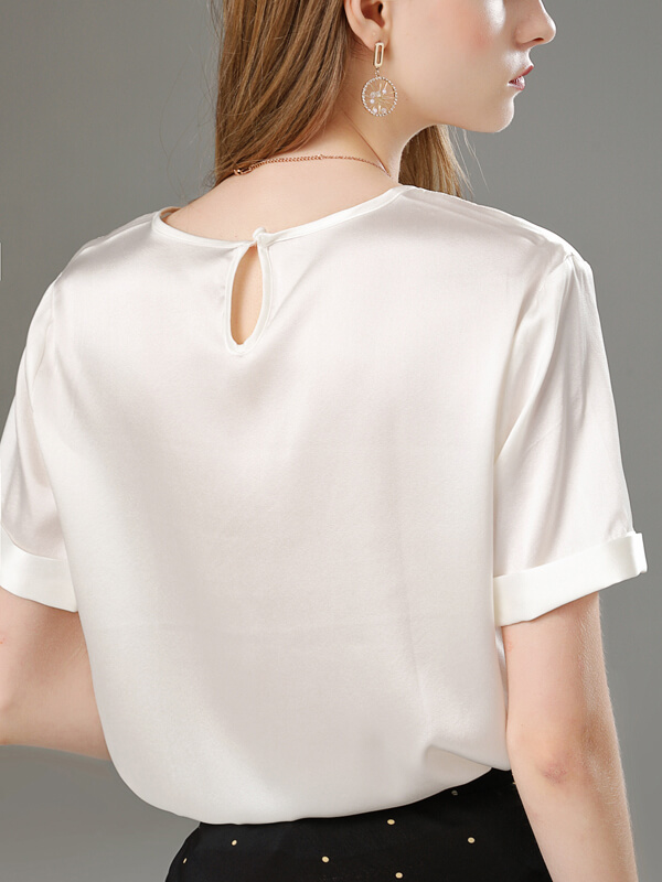 22 Momme Womens Round Neck Silk Shirt With Chic Roll Up Sleeves