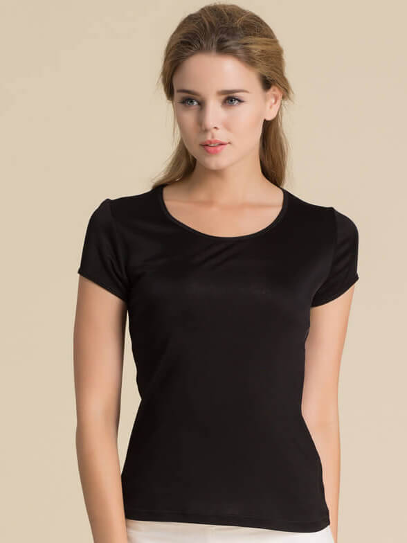 Womens Soft Short Sleeve Round Neck Silk Knit T-shirt