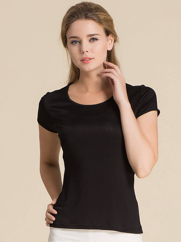 Womens Soft Short Sleeve Round Neck Silk Knit T-shirt