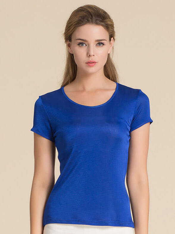 Womens Soft Short Sleeve Round Neck Silk Knit T-shirt