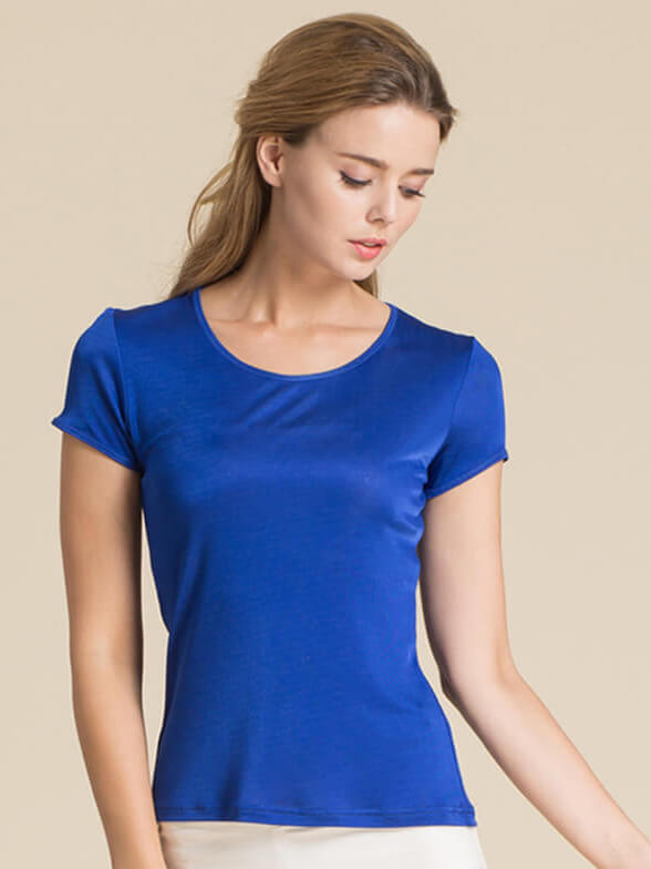 Womens Soft Short Sleeve Round Neck Silk Knit T-shirt