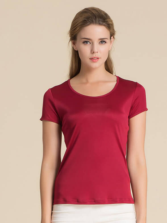 Womens Soft Short Sleeve Round Neck Silk Knit T-shirt