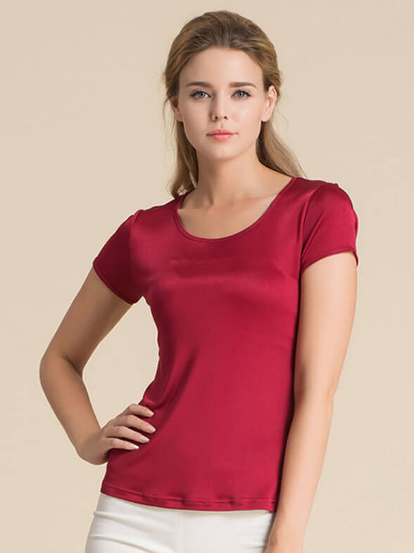 Womens Soft Short Sleeve Round Neck Silk Knit T-shirt