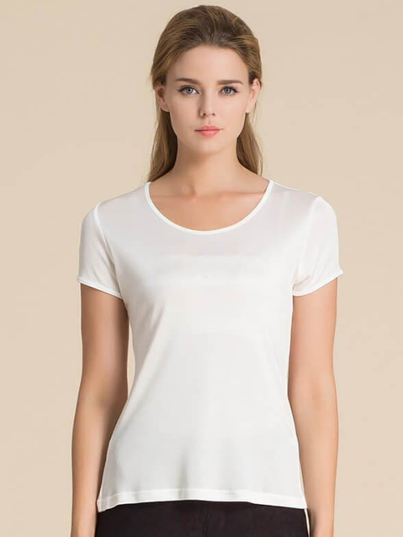 Womens Soft Short Sleeve Round Neck Silk Knit T-shirt