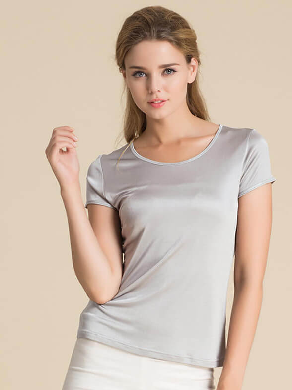 Womens Soft Short Sleeve Round Neck Silk Knit T-shirt