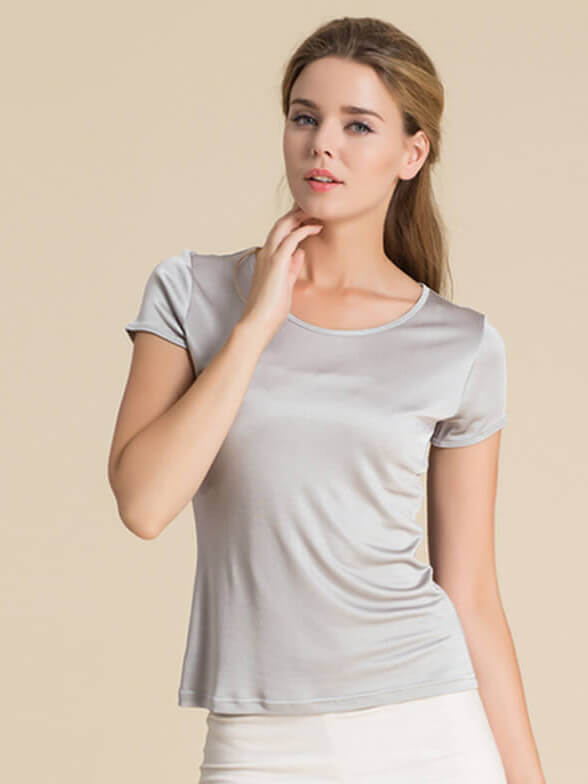 Womens Soft Short Sleeve Round Neck Silk Knit T-shirt