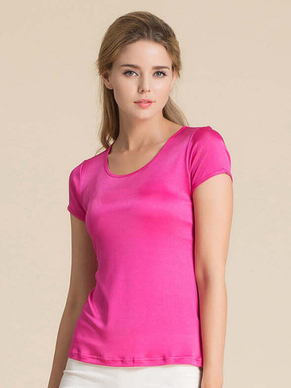 Womens Soft Short Sleeve Round Neck Silk Knit T-shirt