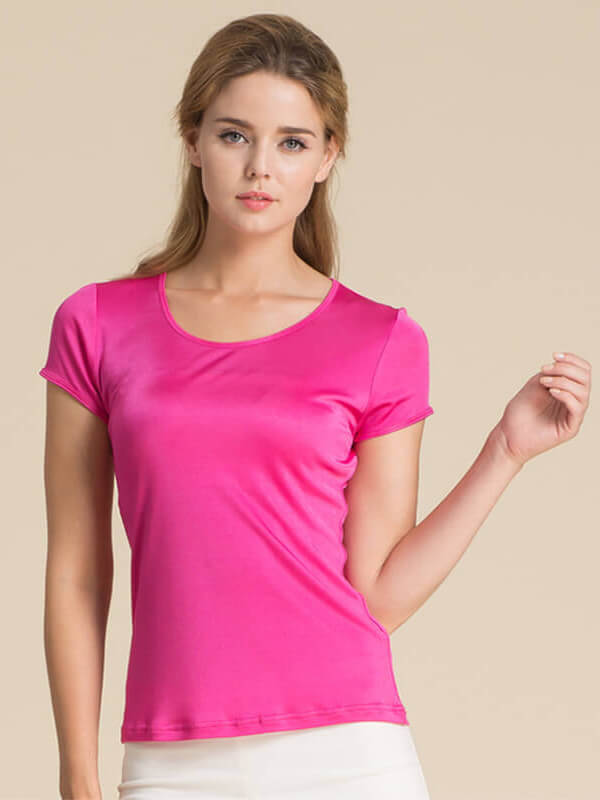 Womens Soft Short Sleeve Round Neck Silk Knit T-shirt