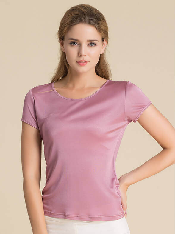 Womens Soft Short Sleeve Round Neck Silk Knit T-shirt