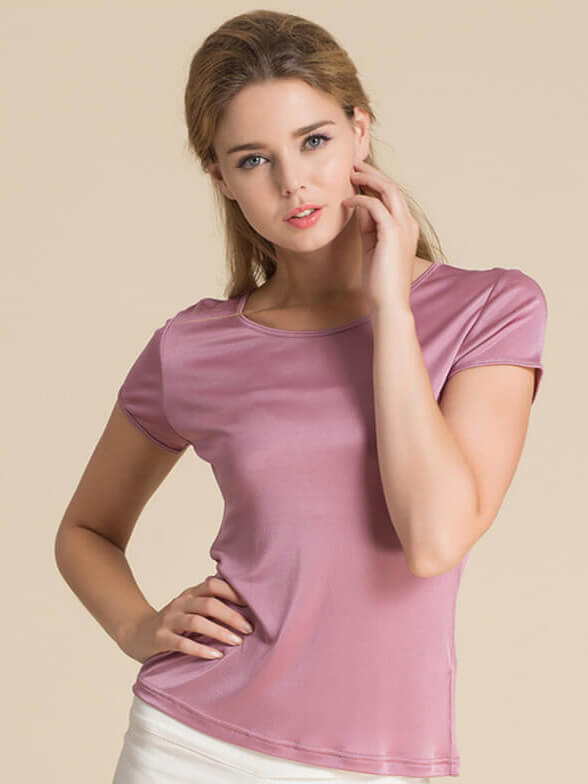 Womens Soft Short Sleeve Round Neck Silk Knit T-shirt