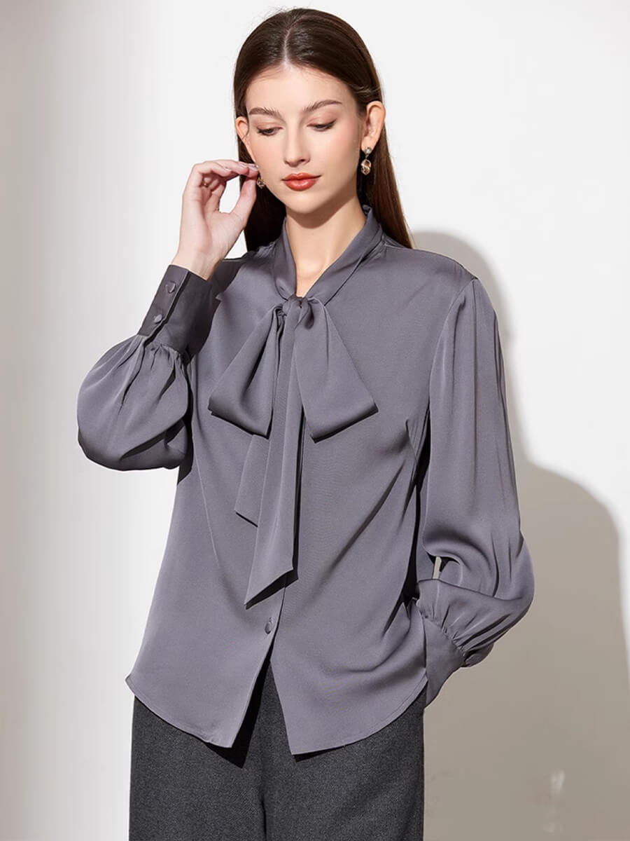 Women Elegant Tie Neck Long Sleeve Shirred Cuff Silk Blouse Top