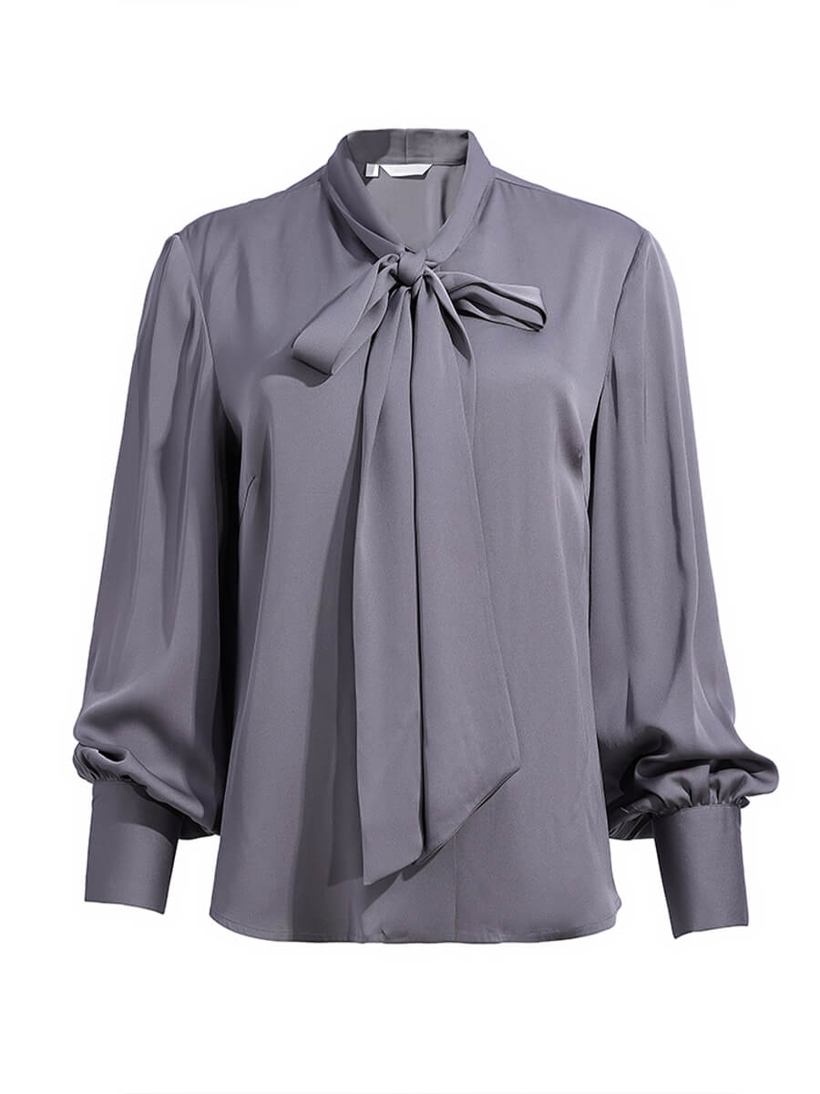 Women Elegant Tie Neck Long Sleeve Shirred Cuff Silk Blouse Top