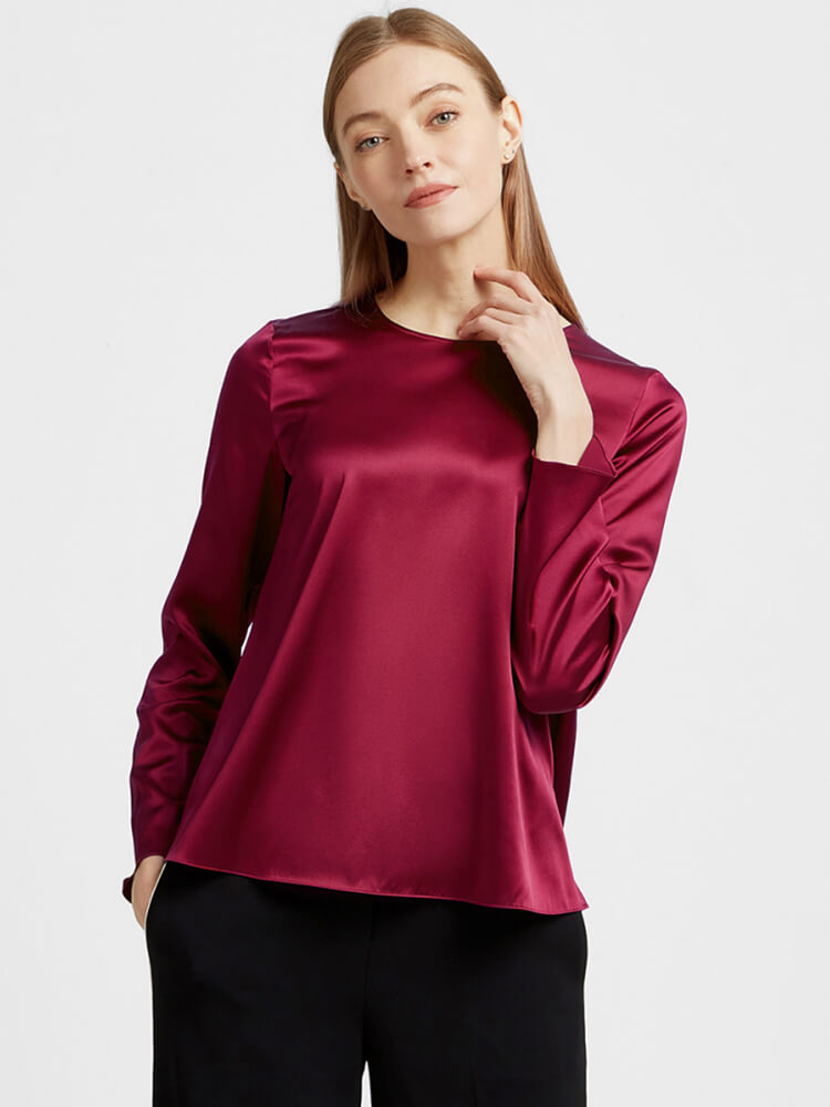 22 Momme Womens Round Neck Pullover Long Sleeve Silk Blouse