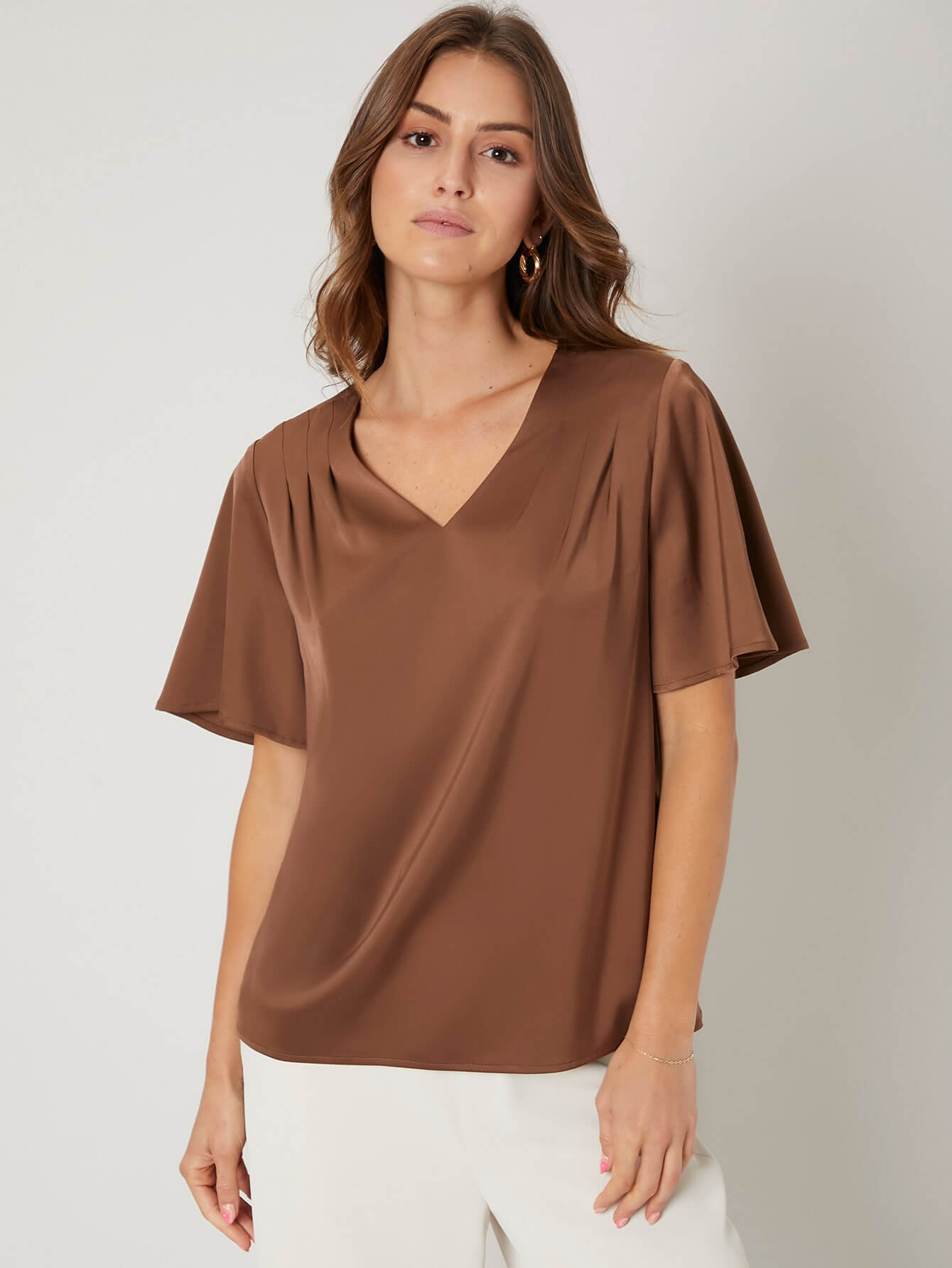 22 Momme Relaxed Fit Butterfly Sleeve Brown Silk Shirt Top