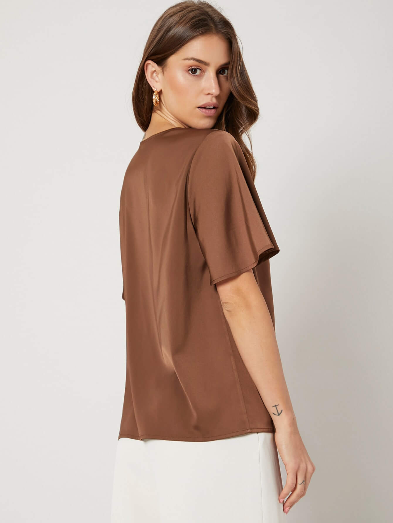 22 Momme Relaxed Fit Butterfly Sleeve Brown Silk Shirt Top