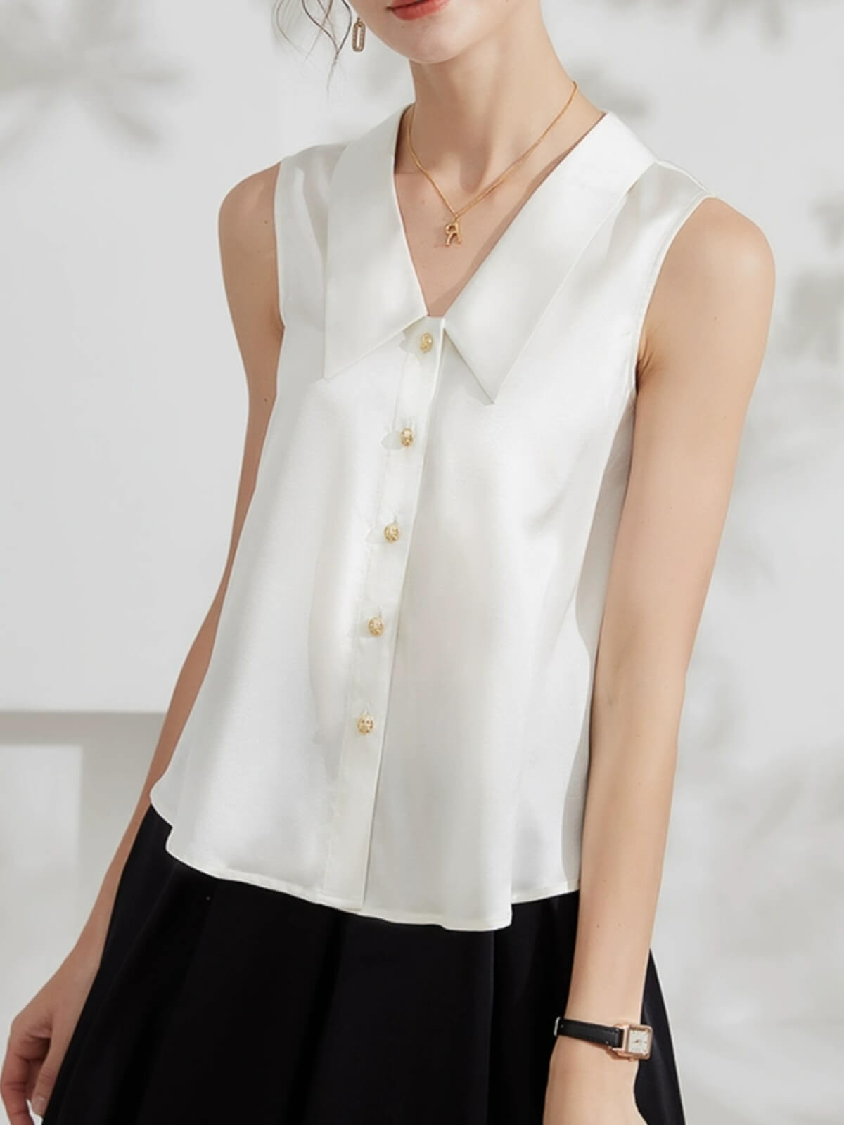 Women Sleeveless V-Neck Silk Shirt Blouse with Gold Buttons