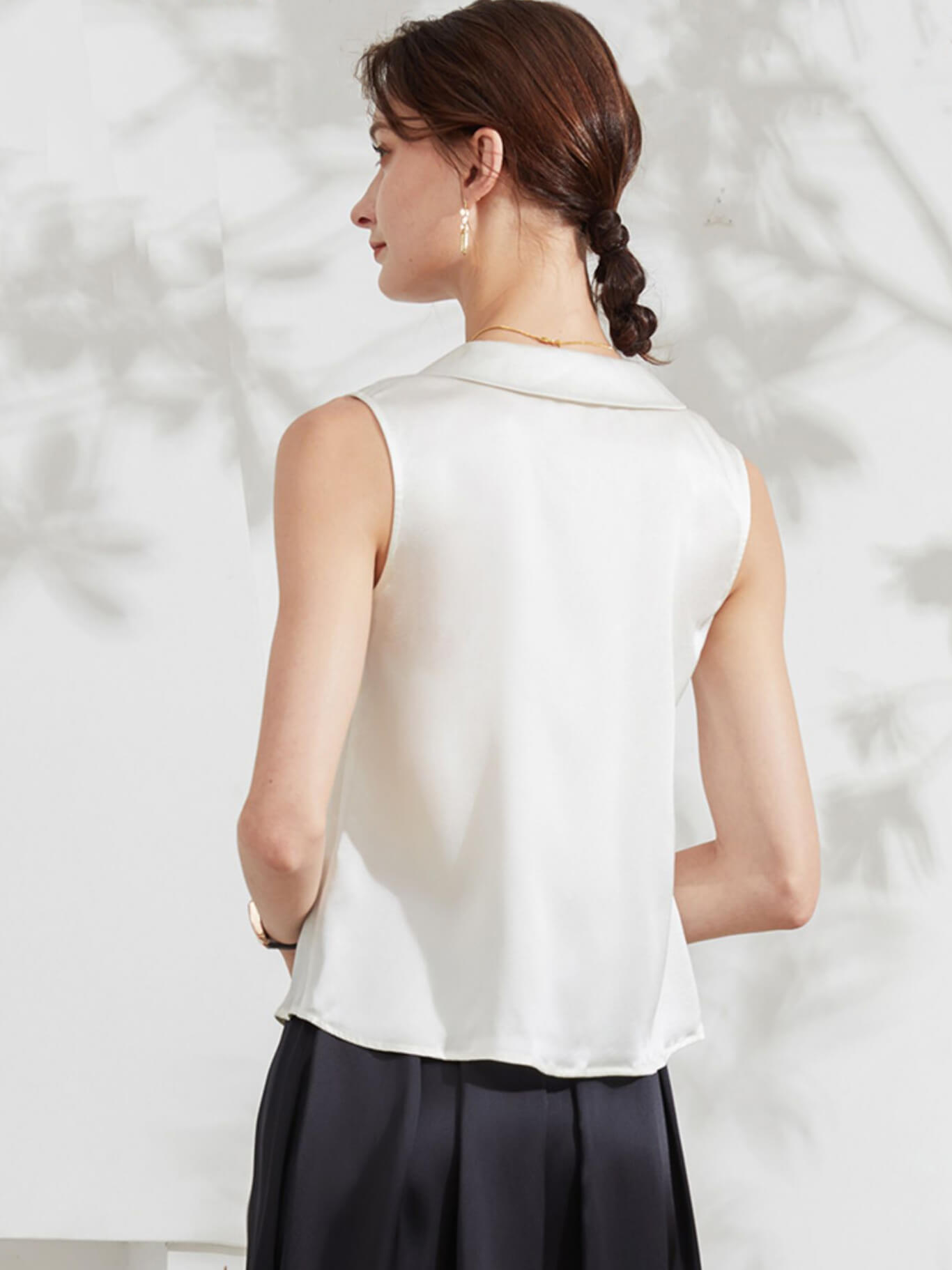 Women Sleeveless V-Neck Silk Shirt Blouse with Gold Buttons