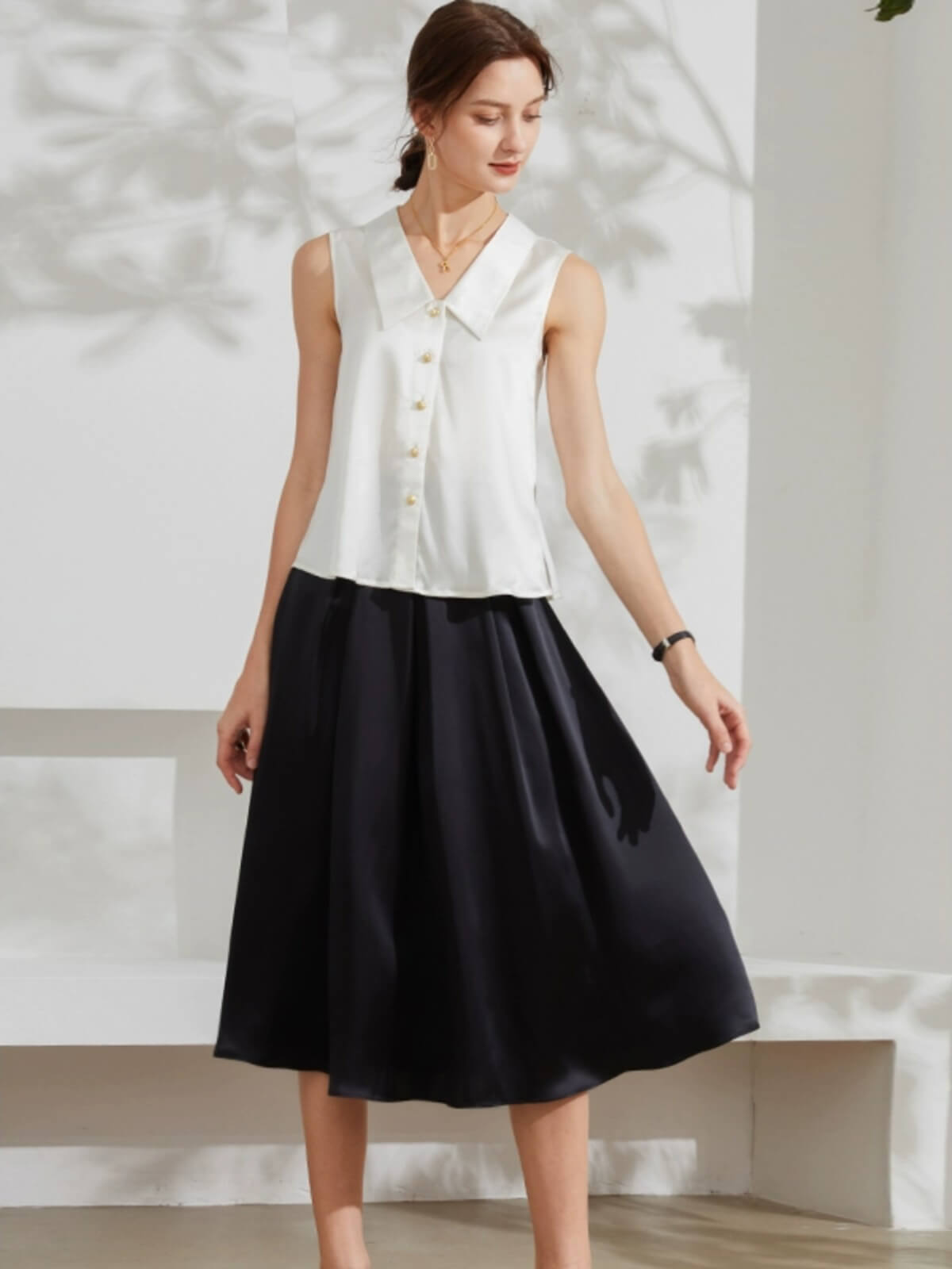 Women Sleeveless V-Neck Silk Shirt Blouse with Gold Buttons