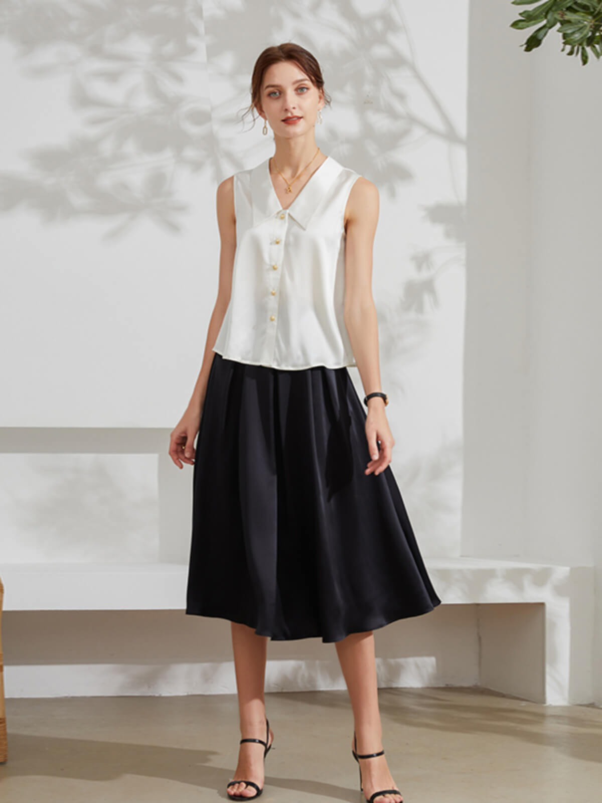 Women Sleeveless V-Neck Silk Shirt Blouse with Gold Buttons