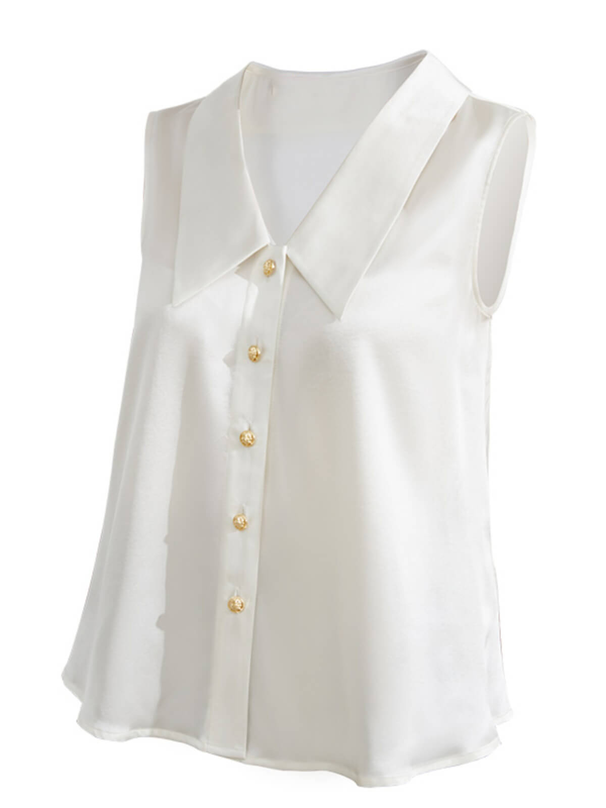 Women Sleeveless V-Neck Silk Shirt Blouse with Gold Buttons