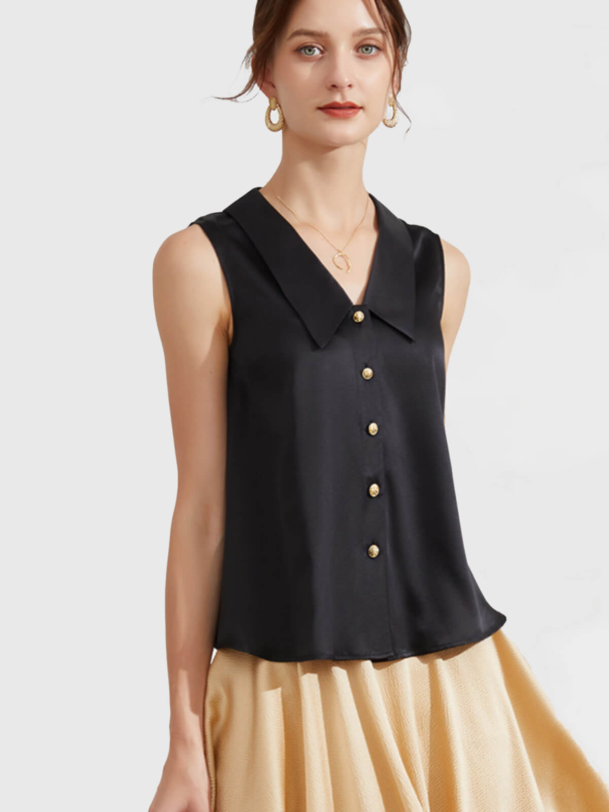 Women Sleeveless V-Neck Silk Shirt Blouse with Gold Buttons