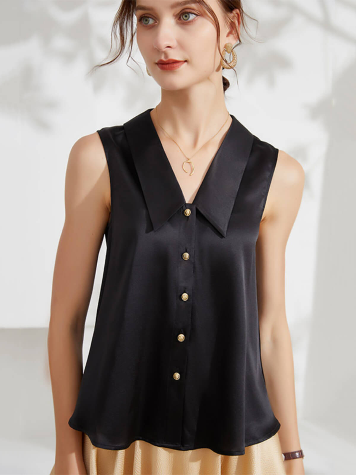 Women Sleeveless V-Neck Silk Shirt Blouse with Gold Buttons