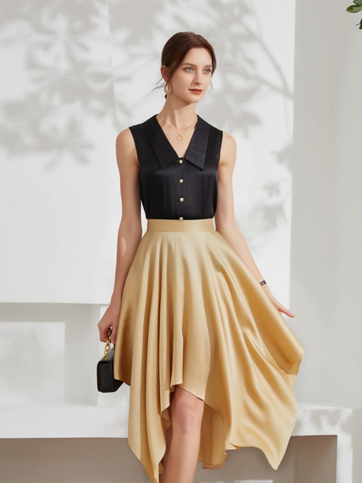 Women Sleeveless V-Neck Silk Shirt Blouse with Gold Buttons