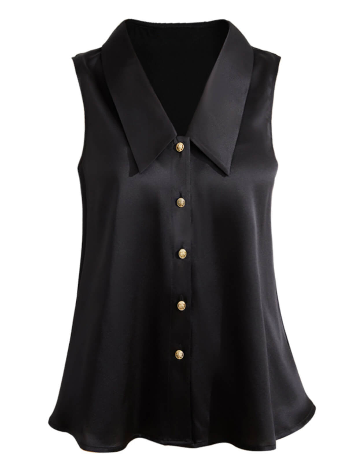 Women Sleeveless V-Neck Silk Shirt Blouse with Gold Buttons