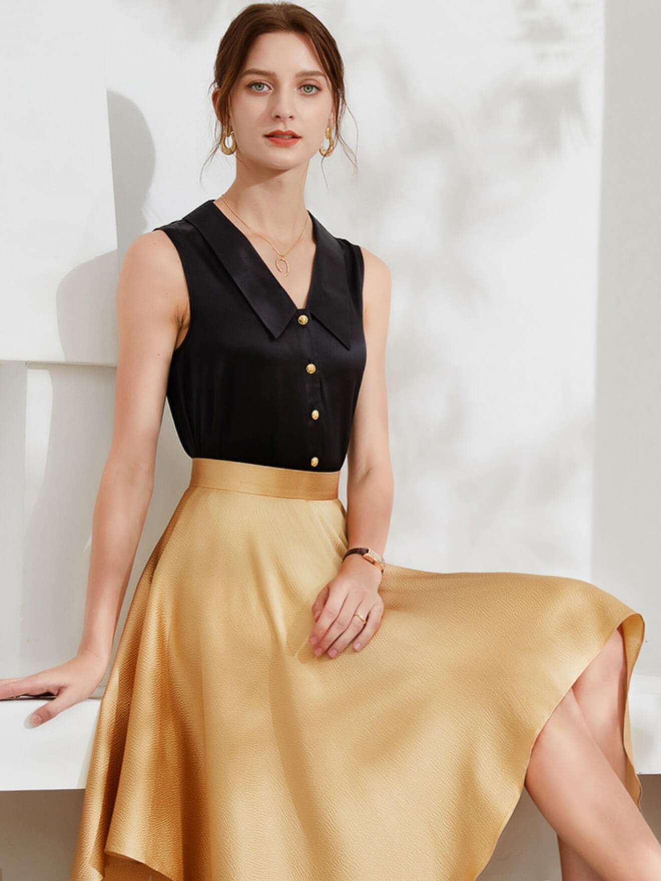 Women Sleeveless V-Neck Silk Shirt Blouse with Gold Buttons