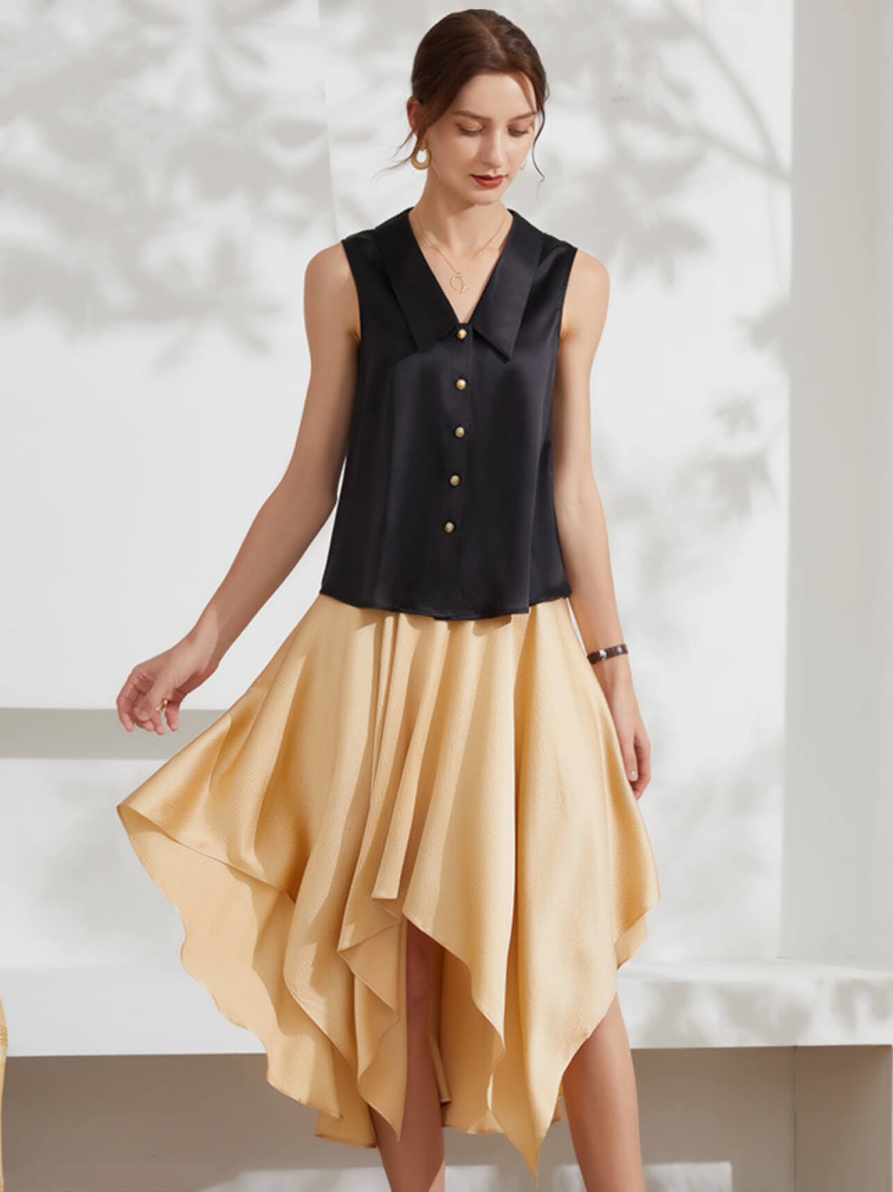 Women Sleeveless V-Neck Silk Shirt Blouse with Gold Buttons