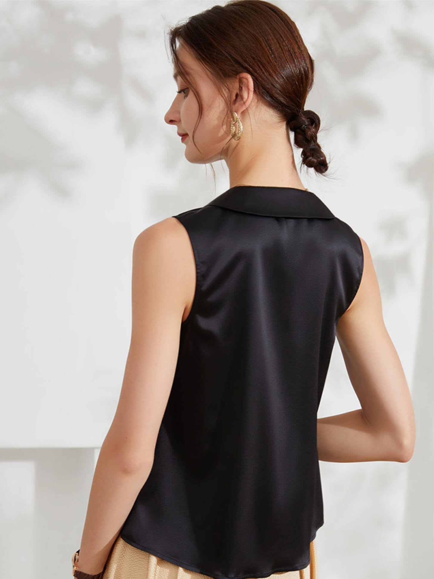 Women Sleeveless V-Neck Silk Shirt Blouse with Gold Buttons