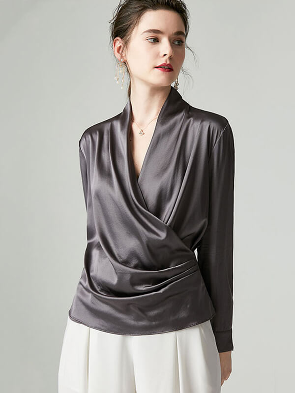 22 Momme Long Sleeve Silk Wrap Blouse For Women