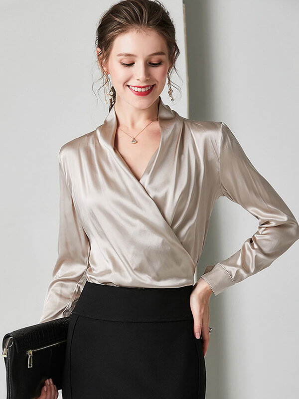 22 Momme Womens Long Sleeve Sexy V-neck Wrap Silk Blouse [SC027