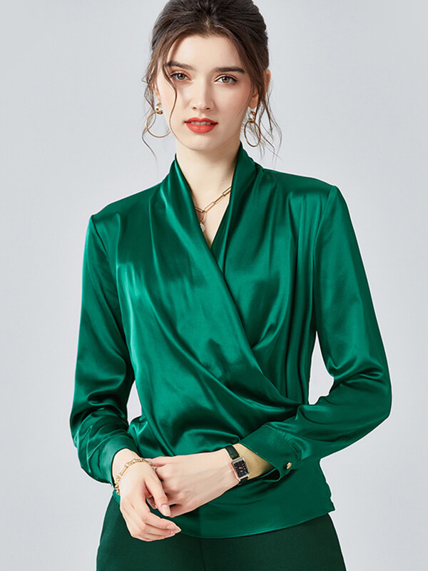 22 Momme Womens Long Sleeve Sexy V-neck Wrap Silk Blouse [SC027] - $189 ...