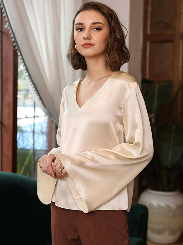 22 Momme V-Neck Charmeuse Silk Blouse – Bella Silk