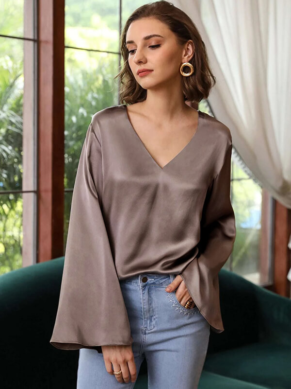 22 Momme Womens Luxurious V-neck Long Bell Sleeves Silk Blouse