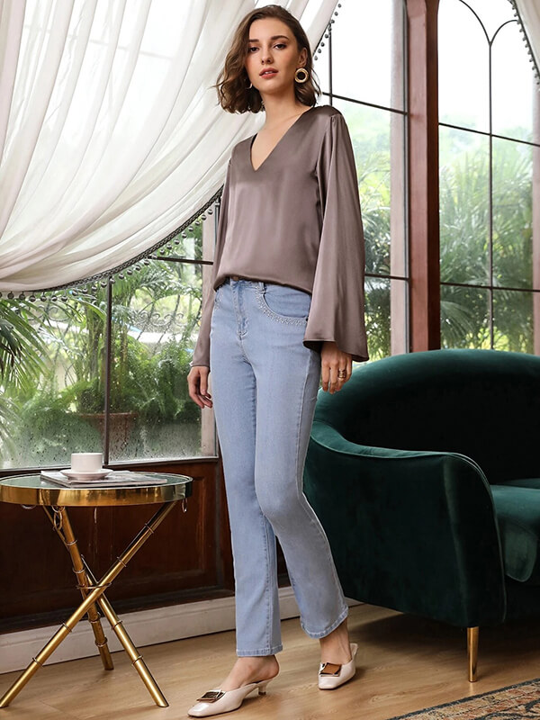 22 Momme Womens Luxurious V-neck Long Bell Sleeves Silk Blouse