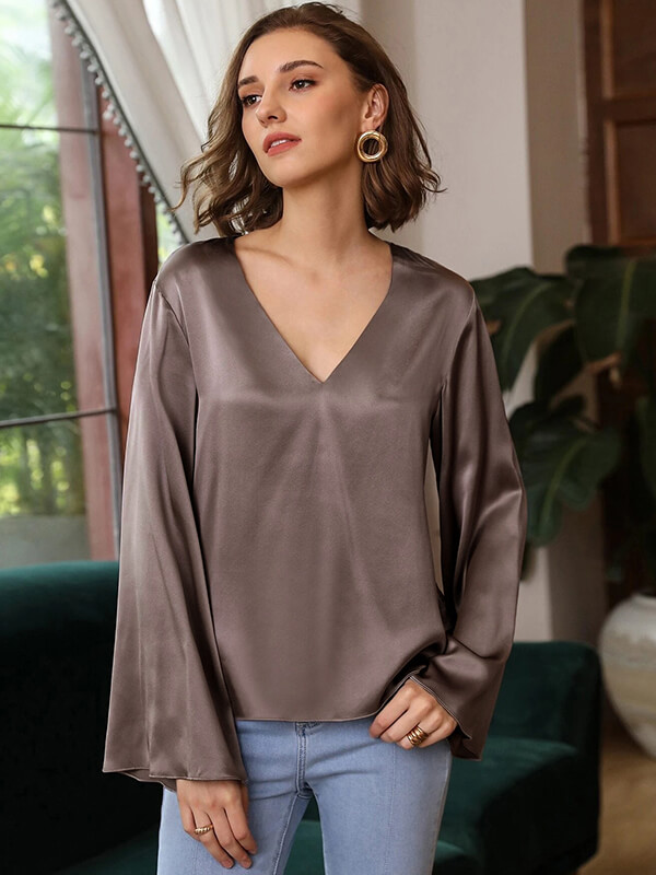 22 Momme Womens Luxurious V-neck Long Bell Sleeves Silk Blouse