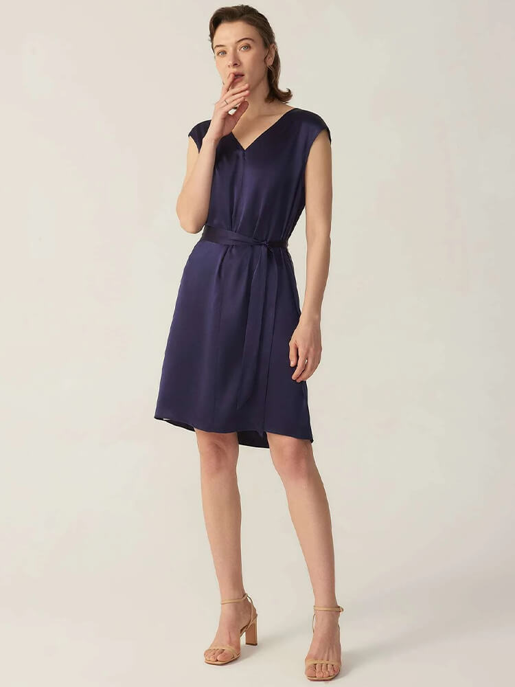 22 Momme V Neck Short Silk Dress Wearable Front And Back
