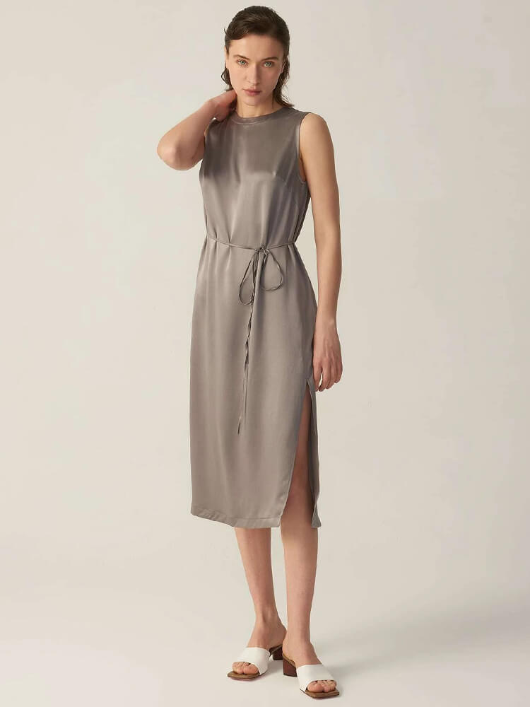 22 Momme Elegant Sleeveless Long Silk Dress With Slits for Women