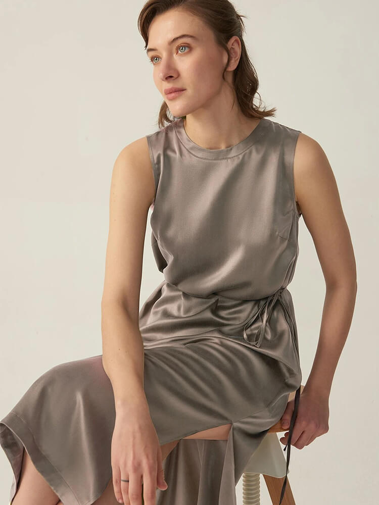 22 Momme Elegant Sleeveless Long Silk Dress With Slits for Women