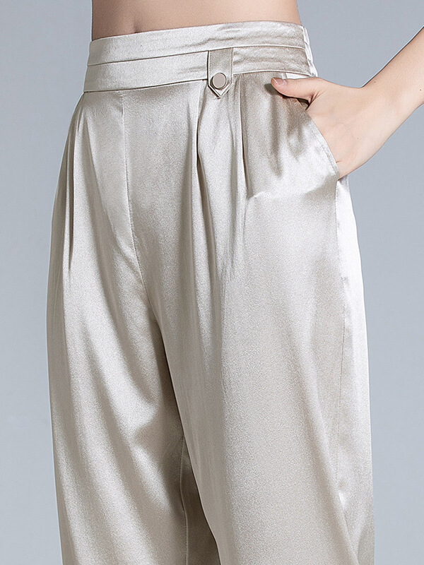 High Waist Casual Cropped Silk Trousers for Women