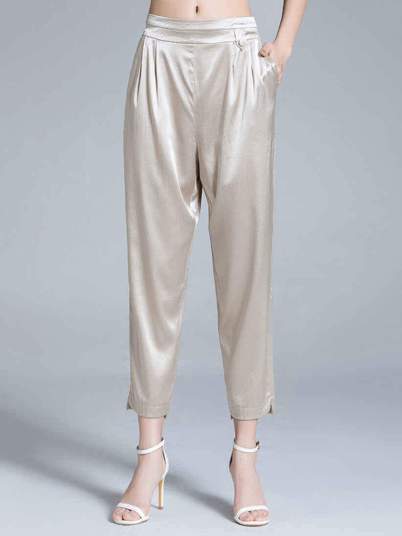 High Waist Casual Cropped Silk Trousers for Women