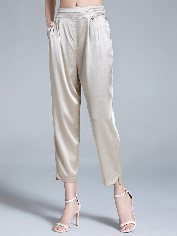 High Waist Casual Cropped Silk Trousers for Women