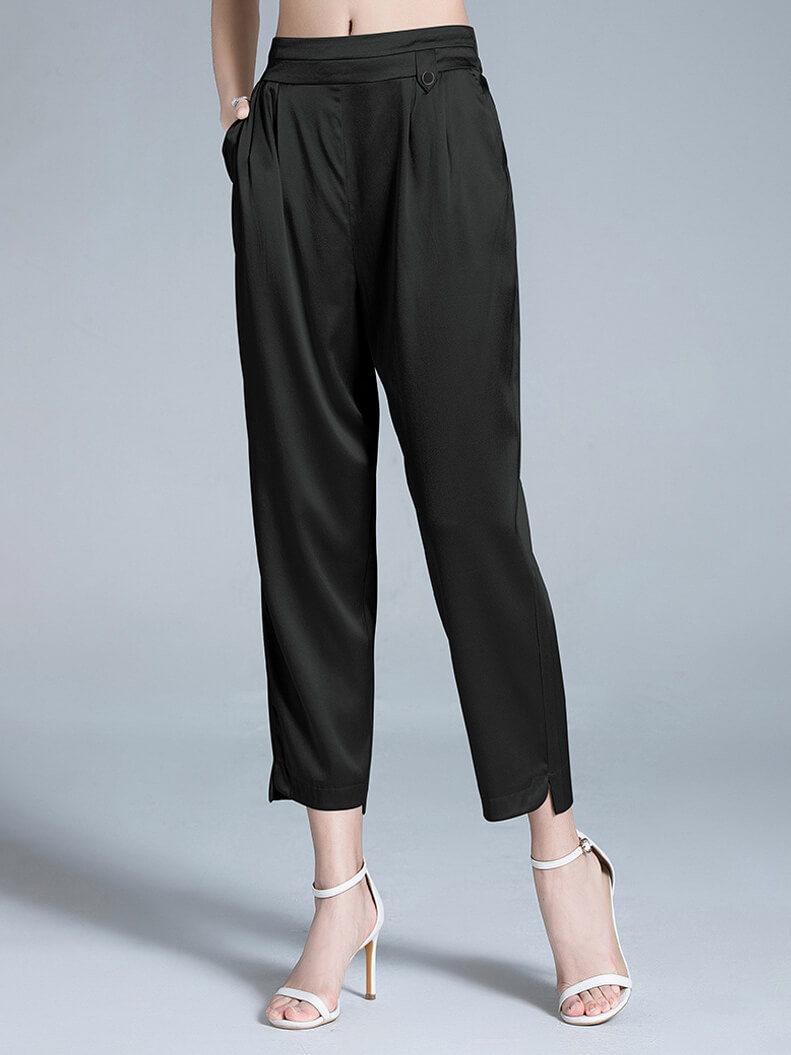 High Waist Casual Cropped Silk Trousers for Women