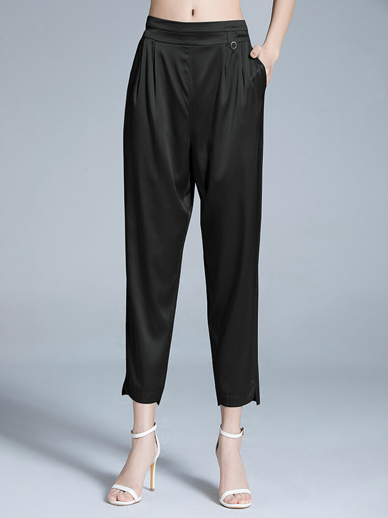 High Waist Casual Cropped Silk Trousers for Women