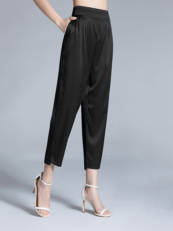 High Waist Casual Cropped Silk Trousers for Women