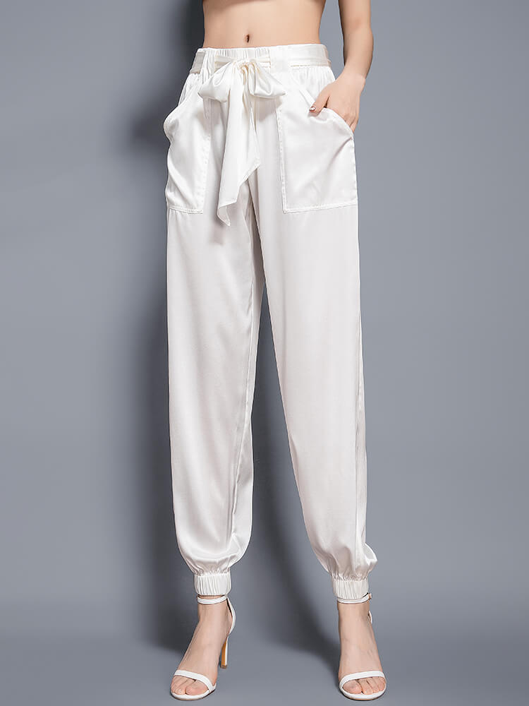 Womens Fashion Tie Waist Ankle Banded Cropped Silk Trousers