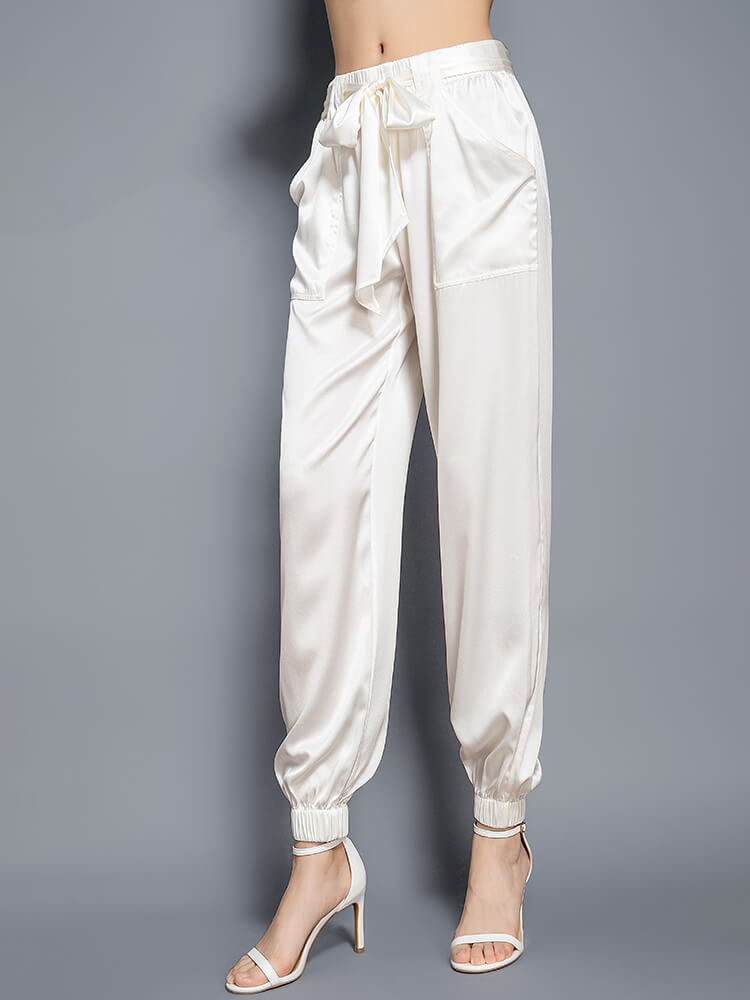 Womens Fashion Tie Waist Ankle Banded Cropped Silk Trousers